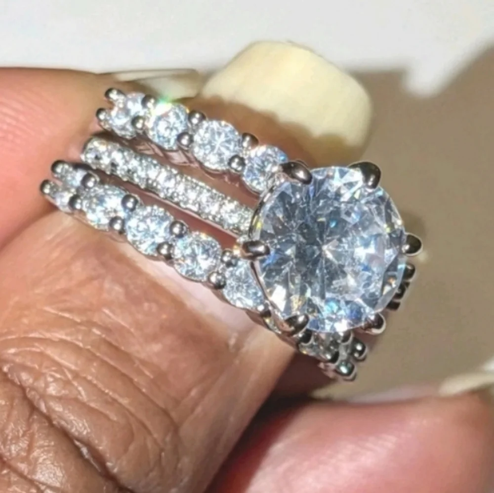 Shimmering 5ct Round Cut Moissanite Trio Silvery Bridal Wedding Ring Set